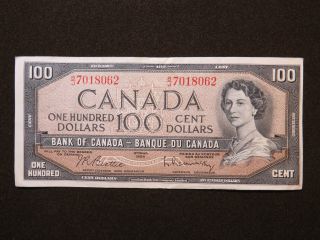 $100 Bank Note Canada 1954 Prefix B/j7018062 Beattie/rasminsky Modified Portrait photo