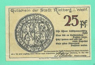 Germany Rietberg 25 Pfg.  1921 Notgeld Unc Gem Aaa1aaa photo
