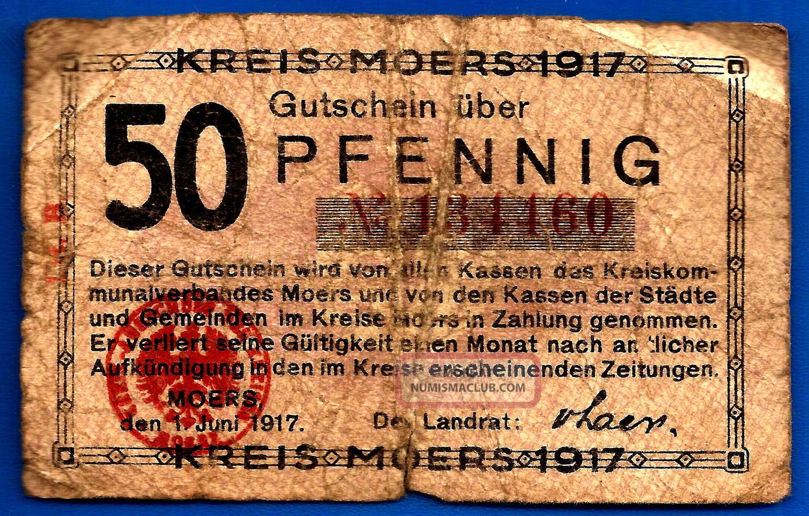 Germany 50 Pfennig 1917 Gutschein Kreis Moers Notgeld Europe Europe photo