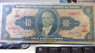 1950 ' S Era Brazil Banknote - 10 Cruzeiros Bluegreen W Edges Intact - Estampa 1a photo