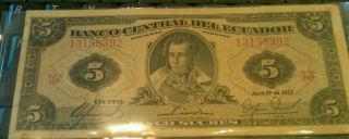1977 Ecuador 5 Sucres Btr Circ Banknote - Edges Intact - Decent Interesting Note photo