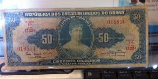 1950 ' S Era Brazil Banknote - 50 Cruzeiros Bluegreen W Edges Intact - Estampa 1a photo
