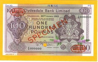1965 One Hundred Pounds Clydesdale Bank Limited Specimen In Au/cu Cond.  Rare photo