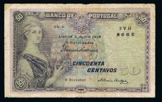 50 Centavos 1918 Portugal P 112a Fine Banknote 2hv photo