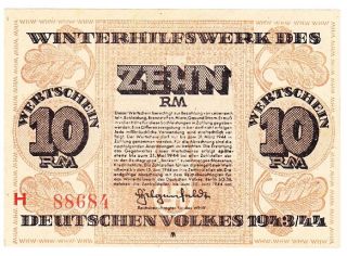 Nazi Germany Whw Winterhilfswerk Winter Help 10 Rm Note 1943/44 photo