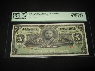 Unc Gem Pcgs 67 Gem Newbankntoe Mexico Tamaulipas 5 Pesos 1890 - 1914 photo