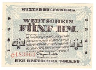 Nazi Germany Whw Winterhilfswerk Winter Help 5 Rm Note 1943/44 photo