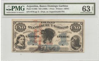 1869 1 Uno Peso Argentina Pick S1802 Oxandaburu Y Garbinoerie Choice Unc Pmg 63 photo