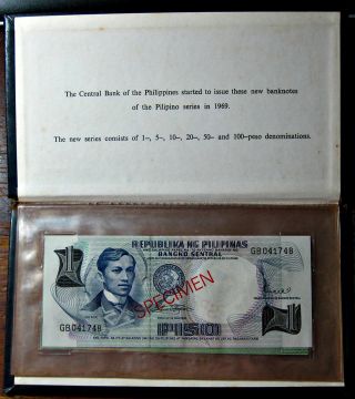 1969 Philippines 1 - 100 Peso Pilipino Series Specimen 6pc,  Album.  P142 To P147 photo