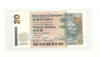 1994 Hong Kong Stardard Chartered Bank $20 Fancy No K999555 Gem - Uncirculated photo