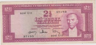 Turkey 2 1/2 2.  5 Lira 1960 Pick 153 Rare Banknote photo