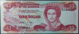 Bahamas 3 Dollars Pick 44 - L.  1974 (1984) Unc. photo