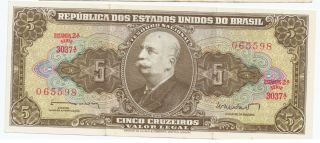 Five Cinco Cruzeiros Republica Dos Estados Unidos Do Brasil Banknote D - 3 - 41 photo