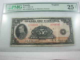 1935 Canada 5$ 1935 English Pmg 25 Very Fine Net Bc - 5 photo
