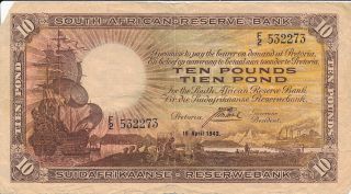 A 1 St Issue South Africa Ten Pounds Banknote 1943 - J.  Postmus photo