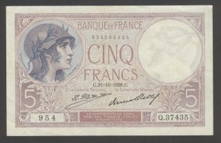 France 5 Francs 30 - 10 - 1928 Vf+ P.  72d photo