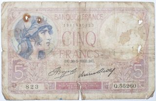 France Note Banknote 5 Cinq Francs 1933 photo