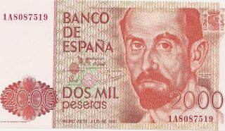 Spain 2000 Pesetas 1980 P - 159 Unc $59.  00 Postage 91 Cents photo