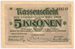 Austria (1918) Five Kronen Bank Note In A Protective Sleeve photo