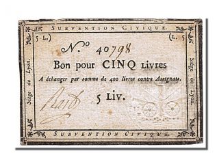French Assignats,  Siege Of Lyon,  5 Livres Issue Of 28th And 31st August 1793 photo