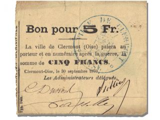 French War Emergency Issues,  Bond For 5 Franc,  Clermont photo