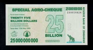Zimbabwe Replacement Agro - Cheque 25 Billion Dollars 2008 Za Pick 62 Unc. photo