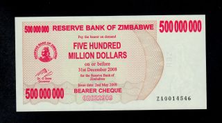 Zimbabwe Replacement Bearer Cheque 500 Million Dollars 2008 Za Pick 60 Unc photo
