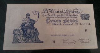 Argentina Banknote 5 Pesos Moneda Nacional Serie H Ley Error 19962 Rare photo
