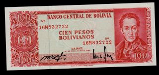 Bolivia 100 Pesos Bolivianos L.  1962 16m Pick 164a Unc. photo
