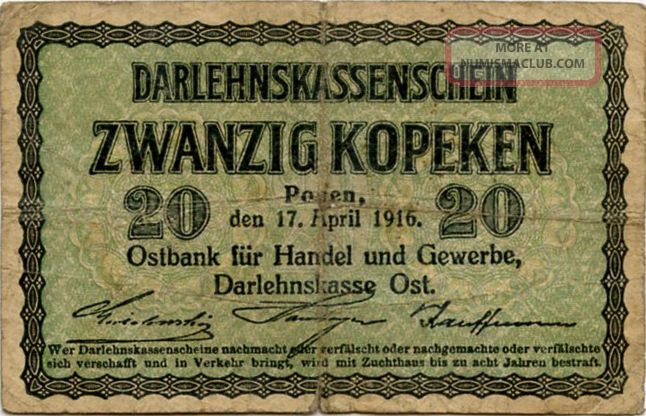 Germany 20 Kopeken 1916 Posen Wwi 00010501 Europe photo
