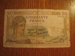1937 50 Francs Bank Note France P859 photo