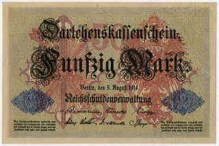 Germany 50 Mark 1914.  W 7 Digit Serial Note,  P 49 Unc photo