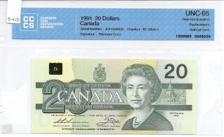 1991 Canada $20 Replacement Note Cccs Graded Unc - 65 Thie - Cro Aix Wo/serif B415 photo