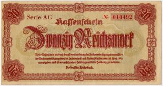 Germany/ Kassenschein Emergency Issue Ww.  20 Reichsmark 1945 P 187 F - Vf photo