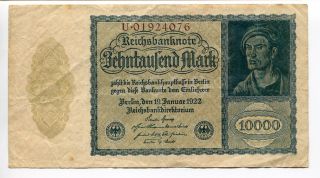 Germany Deutschland 10.  000 Mark 1922 (vf) Circulated Reichsbanknote photo