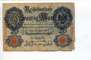 Germany Deutschland 20 Mark 1907 (g) Circulated Reichsbanknote photo