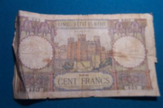Morocco 100 Francs 14 - 5 - 41 Bank Note B.  847 Ag Filler Frayed Edges. photo