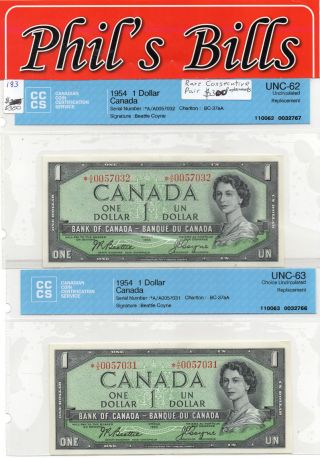 2 Rare Replacement Consec 1954 $1 Bank Of Canada Unc - 62/63 Bc - 37aa Bea/coy P183 photo
