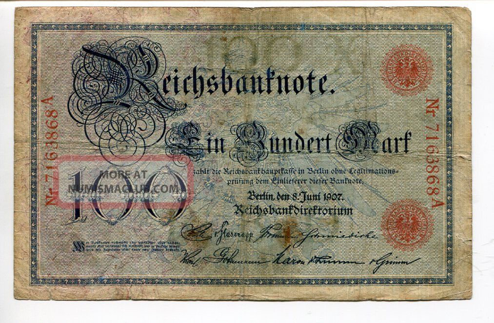 Germany Deutschland 100 Mark 1907 (f) Circulated Reichsbanknote Europe photo