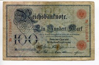 Germany Deutschland 100 Mark 1907 (f) Circulated Reichsbanknote photo