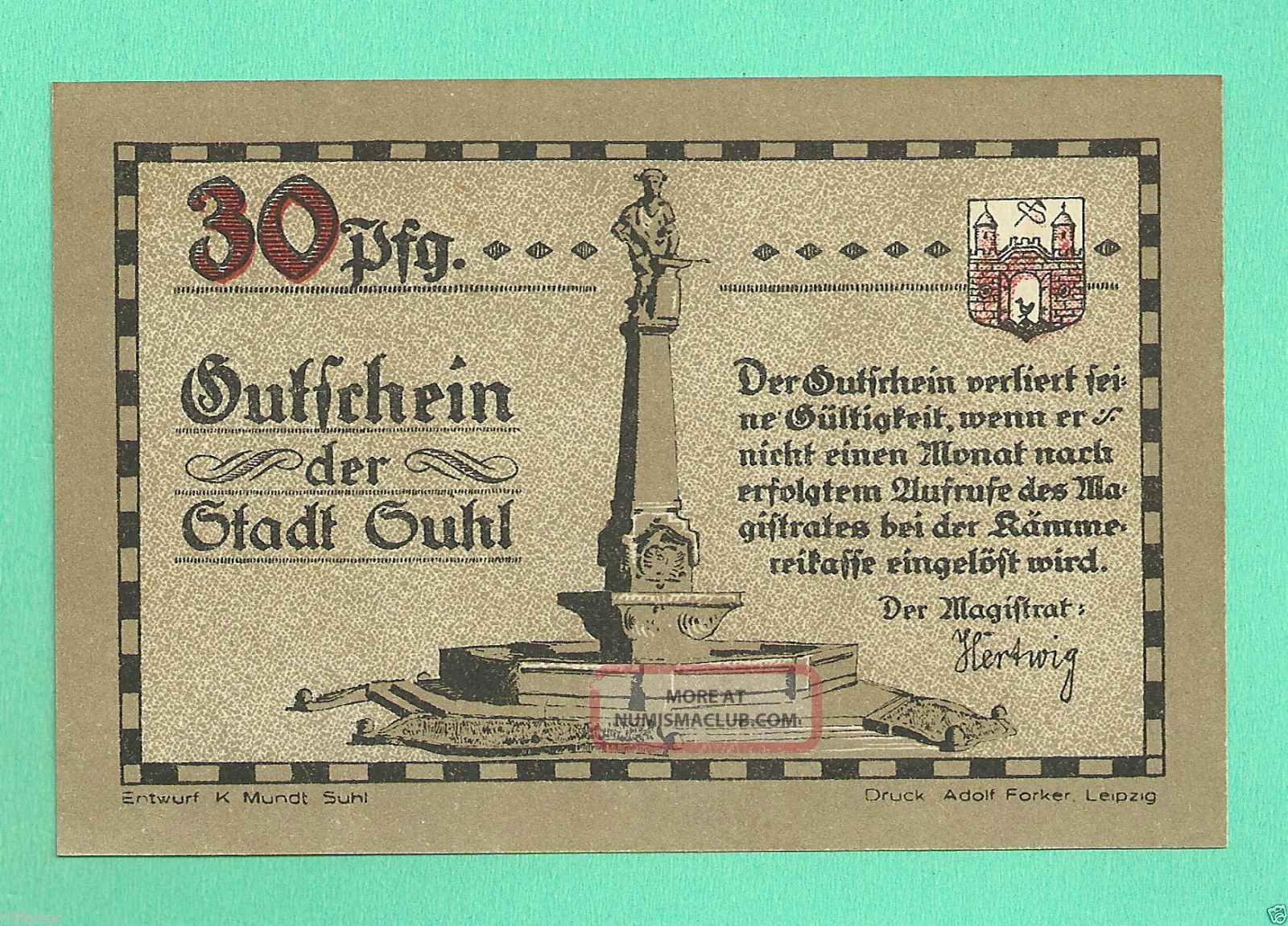 Germany Suhl Nd 30 Pfg. Notgeld Unc Crisp Gem Azx4 