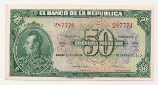 Colombia $50 Pesos Oro 1950 Rare Scarse photo