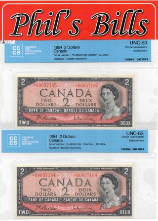 2 Consec 1954 $2 Replacements Bank Of Canada Unc - 63 Bc - 38ba Graded $250 B842 photo