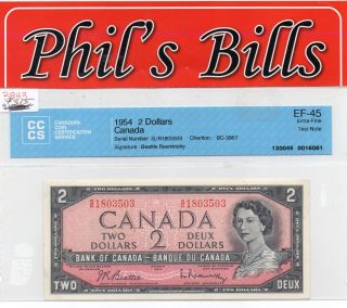 1954 $2 Test Note Bank Of Canada Extra Fine - 45 Bc - 38bt Cccs Graded $315 B843 photo