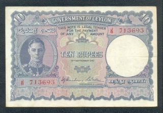 Government Of Ceylon 1942,  10 Rupees Banknote,  Kgvi,  Sri Lanka,  Vf,  Crispy photo