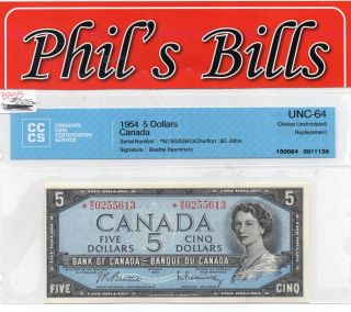 1954 $5 Replacement Bank Of Canada Uncirculated - 64 Bc - 39ba Cccs Graded $700 B855 photo