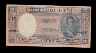 Chile 5 Pesos 1933 Pick 91b F - Vf. photo
