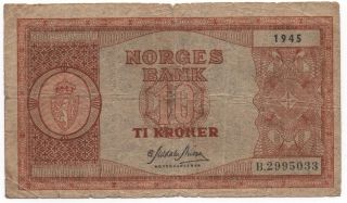 Norway 10 Kroner 1945 Pick 26 A Look Scans photo