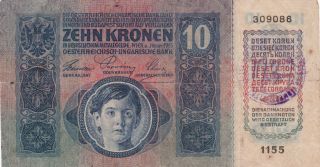 10 Kroner/korona With A Cirillyc Millitary Overstamp+reg.  Number.  1919 Rrr photo