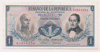 Colombia $1 Peso Oro 1966 Hilo Security Unc Rare Scarse photo
